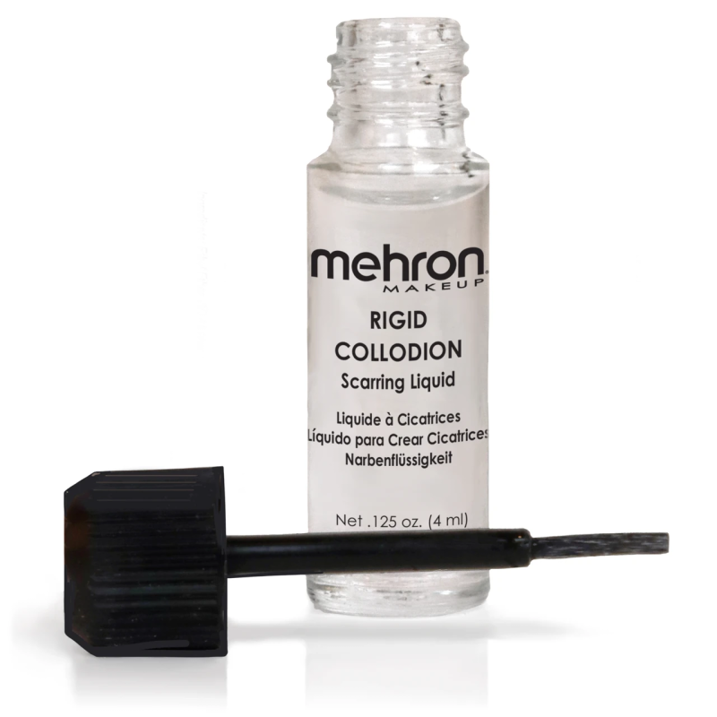 Mehron Rigid Collodion: frasco de cristal abierto, con el tapón negro de pincel tumbado delante