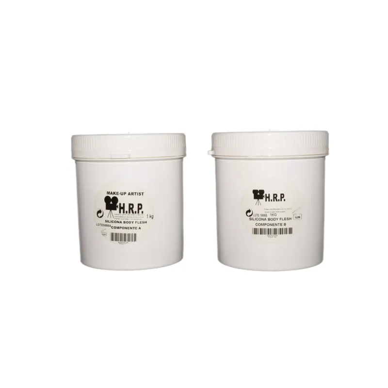 Dos botes blancos de 1 kg de Silicona Body Flesh de H.R.P., componente A y componente B, con tapa blanca